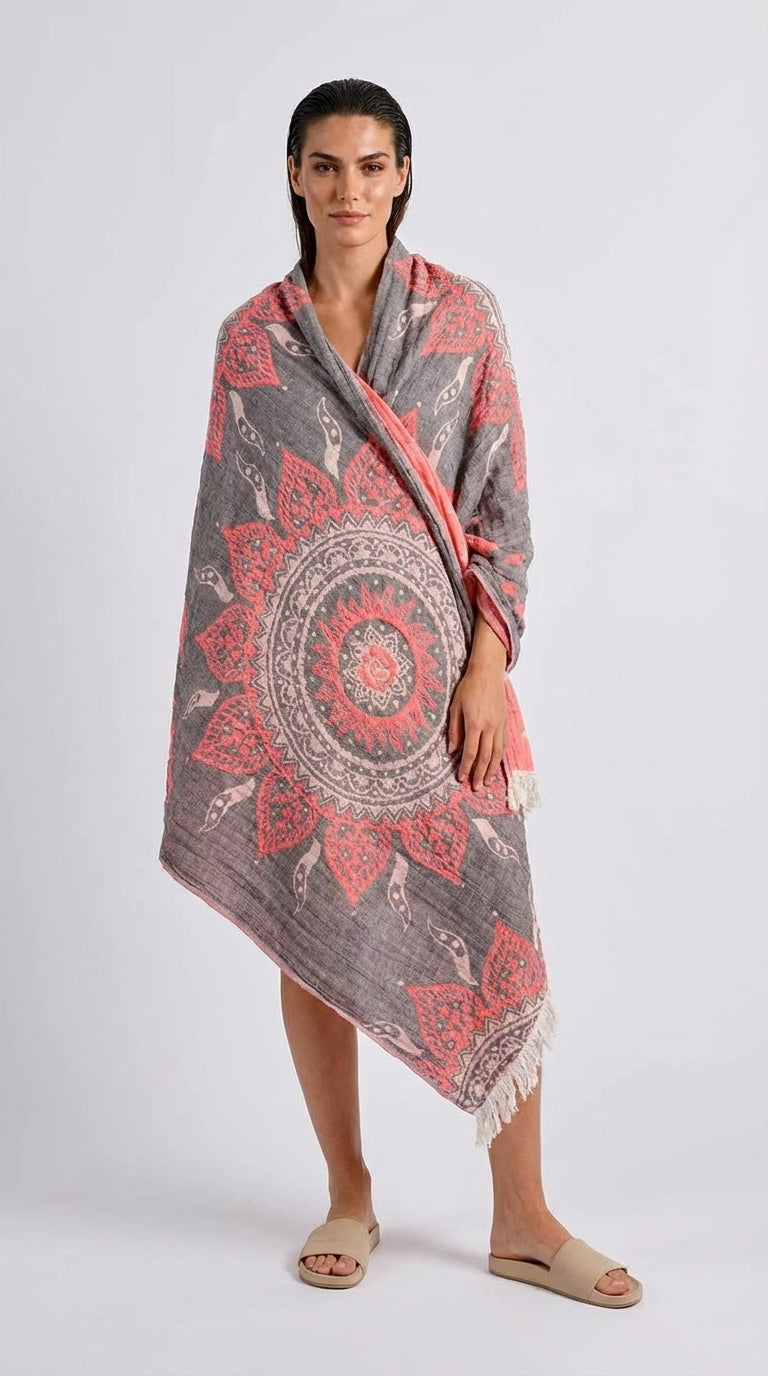Grey-Orange Mandala Turkish Towel