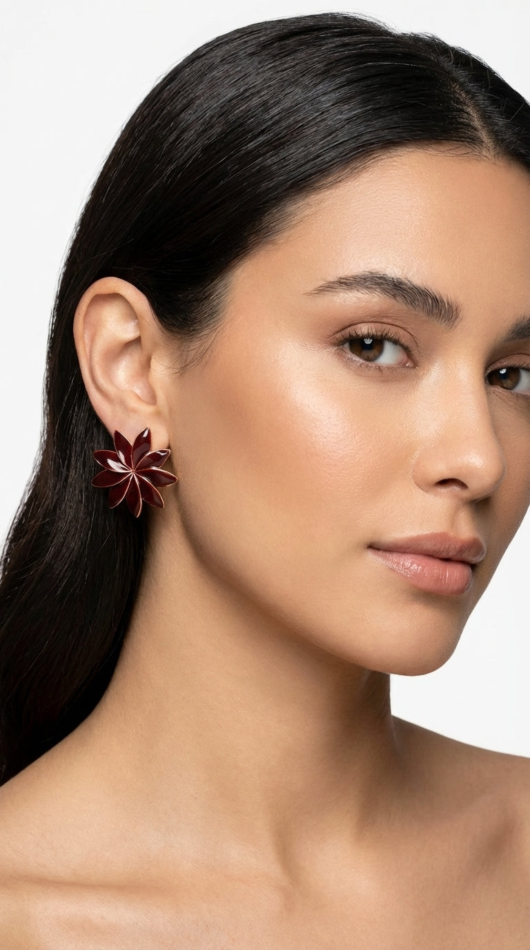 Burgundy Çiçek Küpe