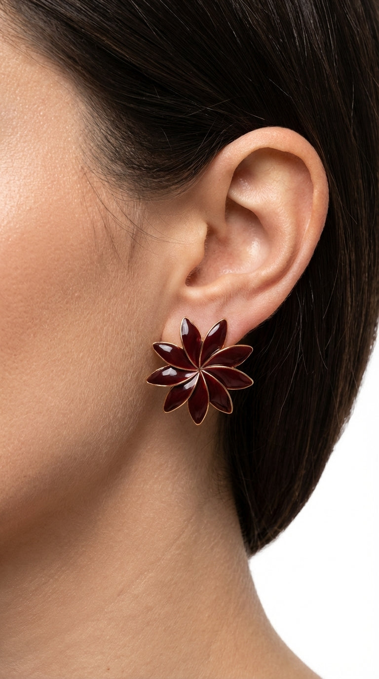 Burgundy Çiçek Küpe