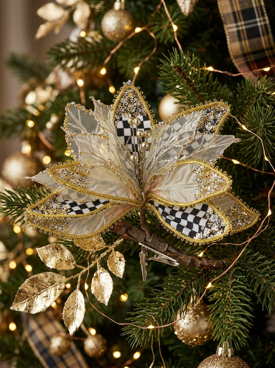 Golden Tartan Poinsettia Klipsli Yılbaşı Ağacı Süsü