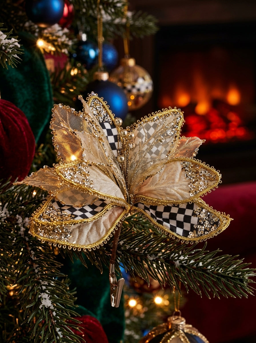 Golden Tartan Poinsettia Klipsli Yılbaşı Ağacı Süsü