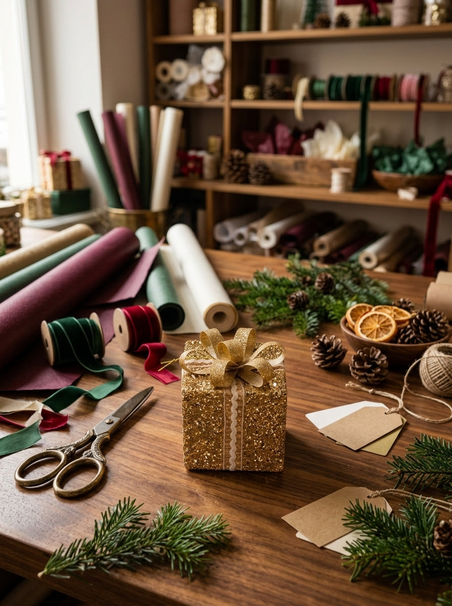 Golden Christmas Gift – Işıltılı Gold Fiyonklu Dekoratif Yılbaşı Hediye Paketi