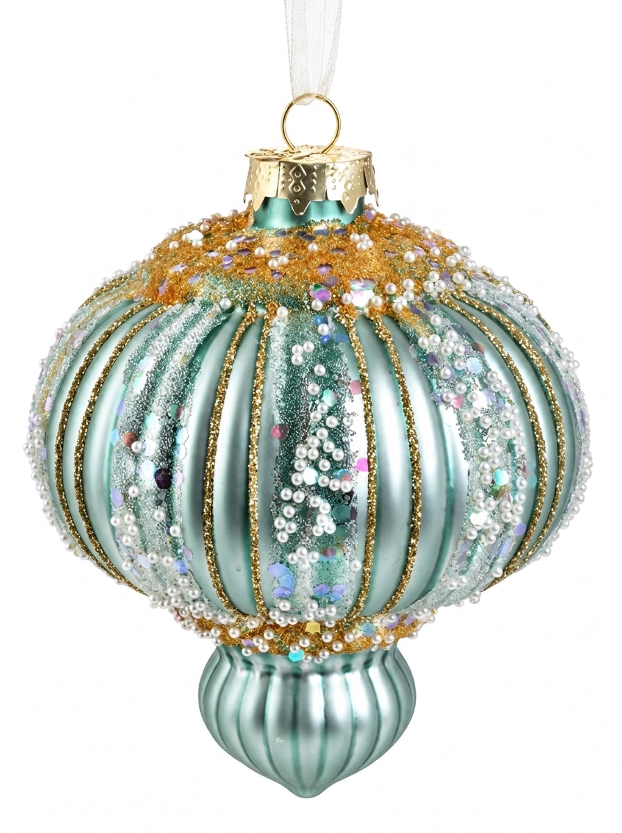Frosted Aqua Palace – İnci ve Gold İşlemeli Buz Mavisi Cam Yılbaşı Ağacı Süsü - 11 CM