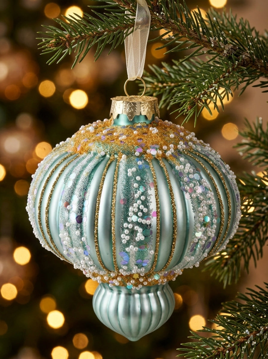 Frosted Aqua Palace – İnci ve Gold İşlemeli Buz Mavisi Cam Yılbaşı Ağacı Süsü - 11 CM