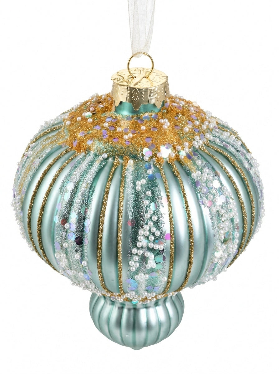 Frosted Aqua Palace – İnci ve Gold İşlemeli Buz Mavisi Cam Yılbaşı Ağacı Süsü - 11 CM