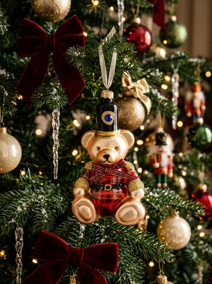 Royal Teddy Guard – Gold İşlemeli Cam Ayıcık Yılbaşı Ağacı Süsü - 14 CM