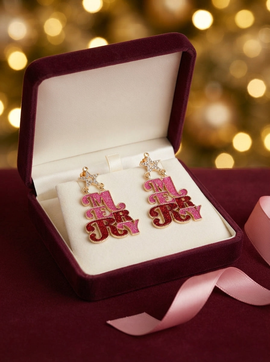 Merry Pink & Red Glitter Christmas Küpe