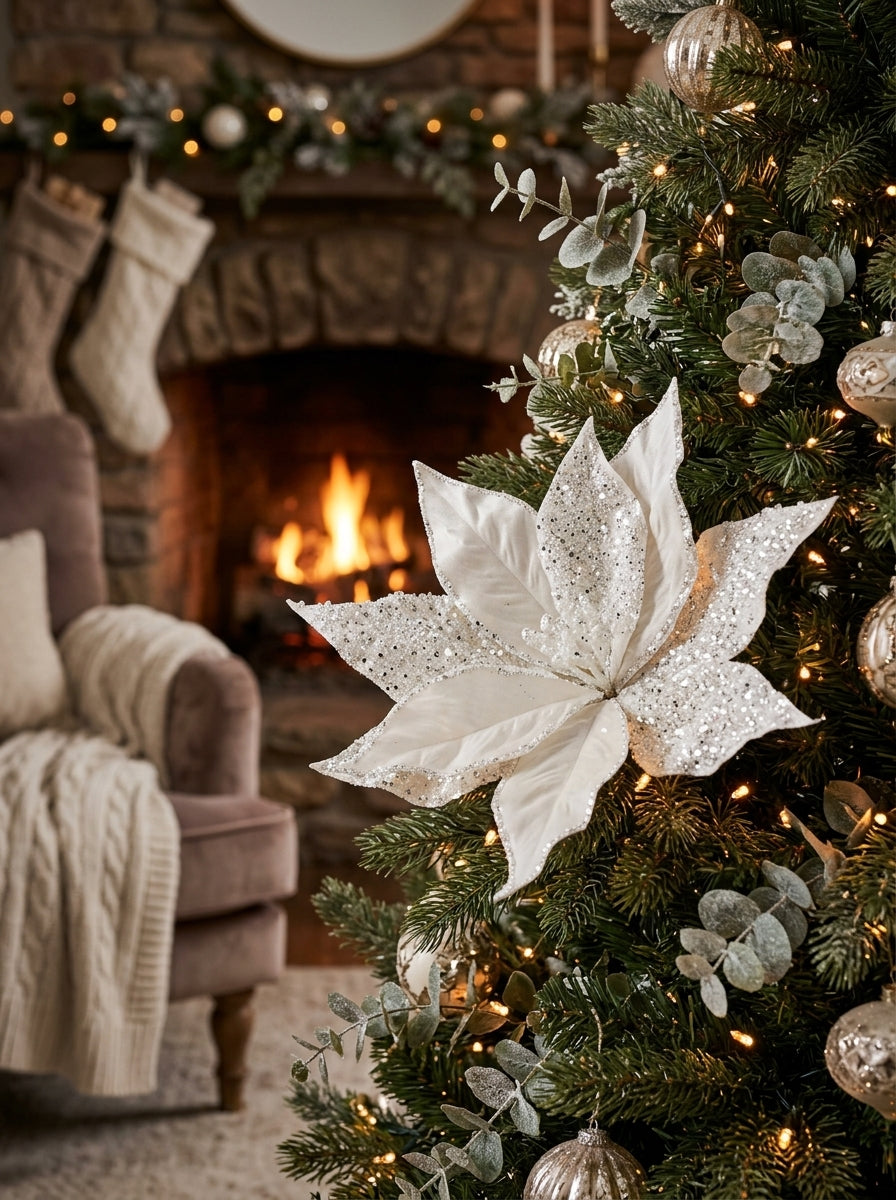 White Frost Poinsettia Klipsli Yılbaşı Ağacı Süsü