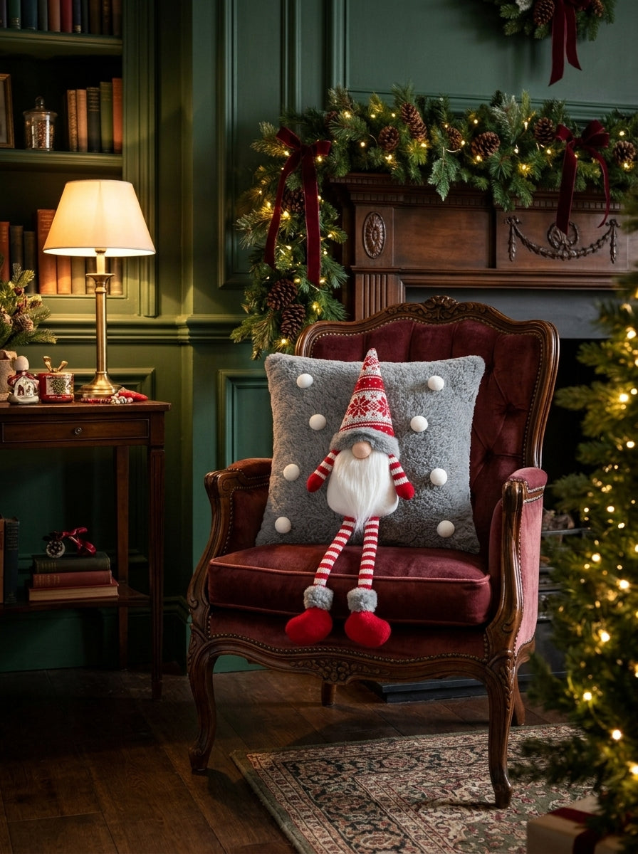 Nordic Gnome – 3D Figürlü Gri Peluş Yılbaşı Dekoratif Yastığı