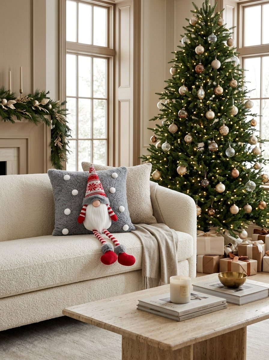Nordic Gnome – 3D Figürlü Gri Peluş Yılbaşı Dekoratif Yastığı