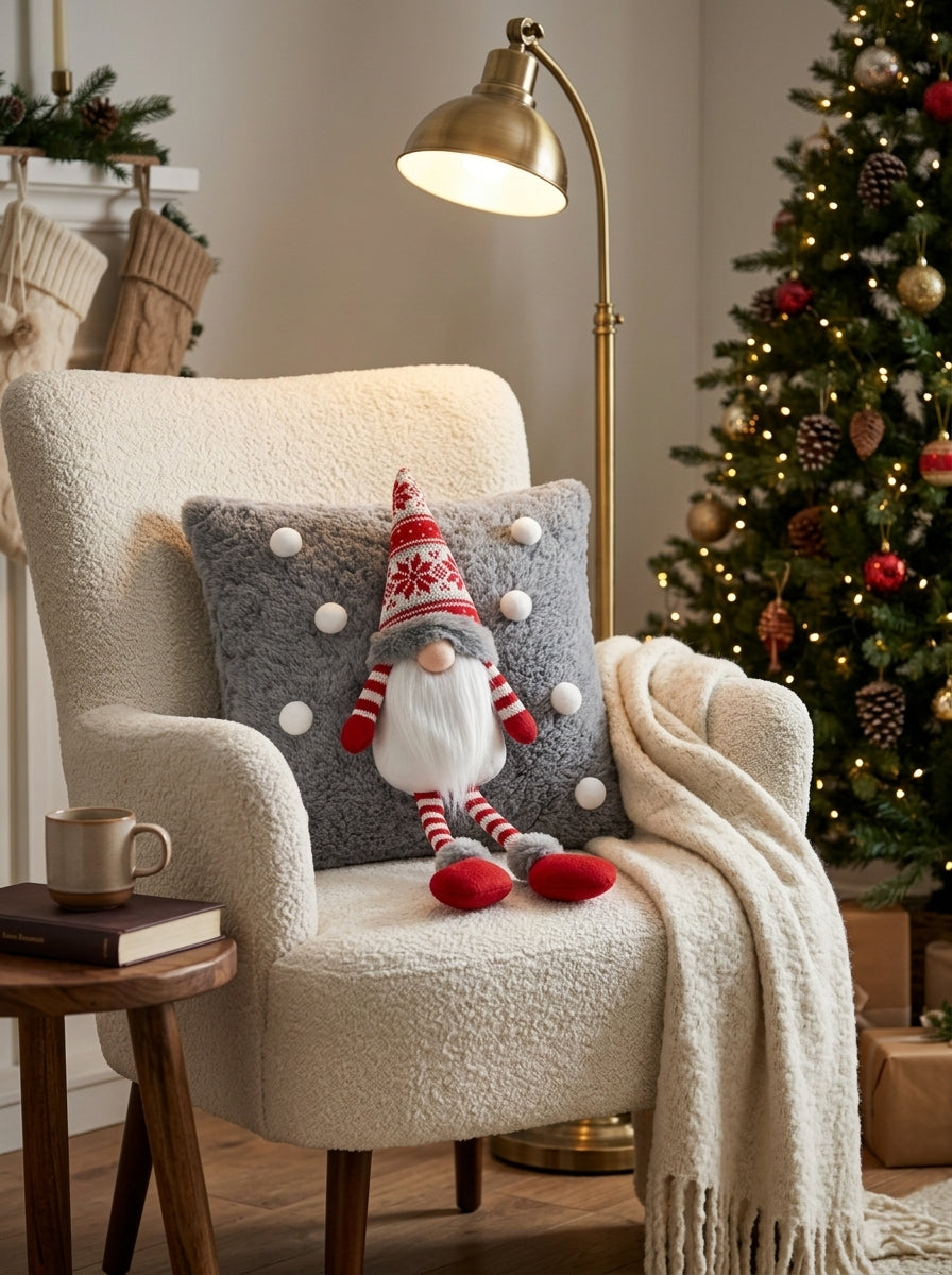 Nordic Gnome – 3D Figürlü Gri Peluş Yılbaşı Dekoratif Yastığı