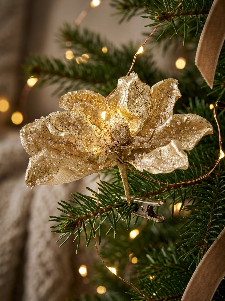 Golden Crystal Klipsli Yılbaşı Çiçeği Ağaç Süsü
