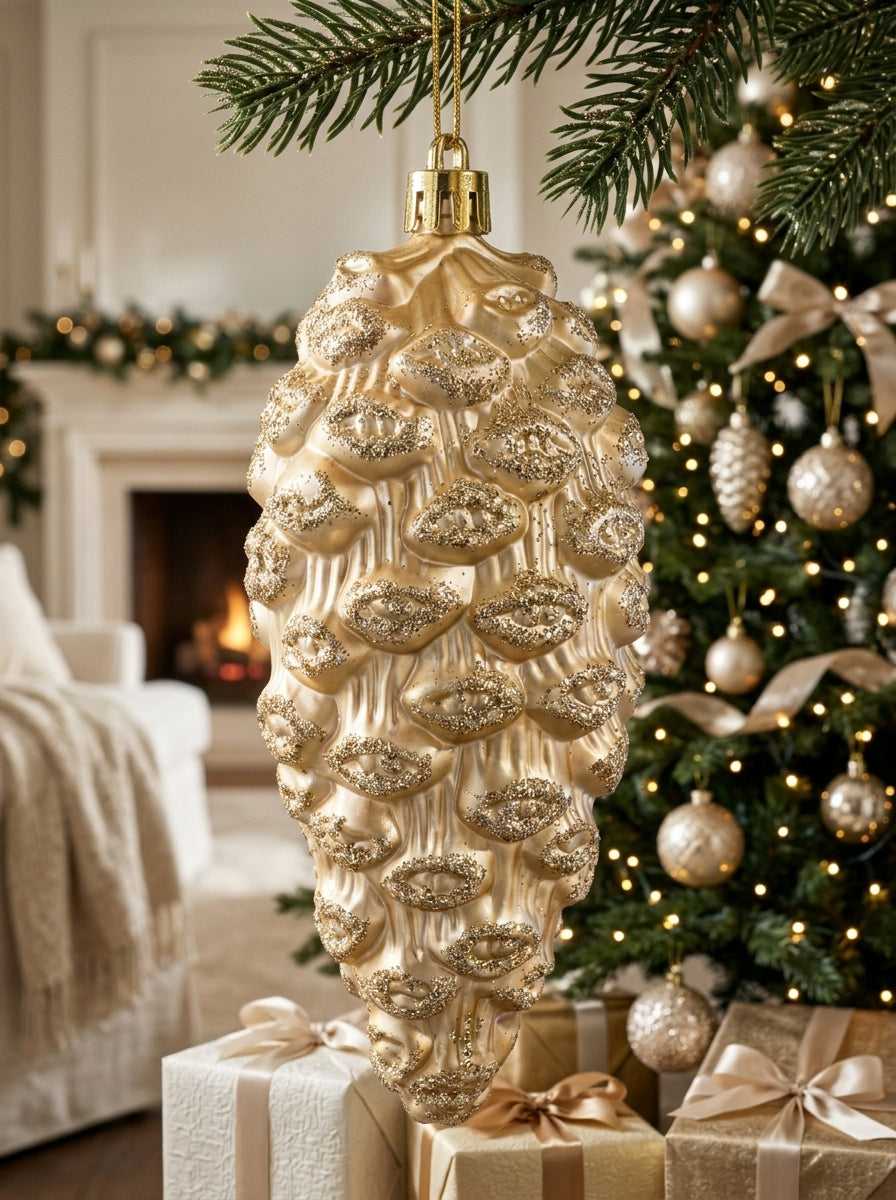 Golden Pine – Şampanya Gold Işıltılı Kozalak Yılbaşı Ağacı Süsü - 13 CM