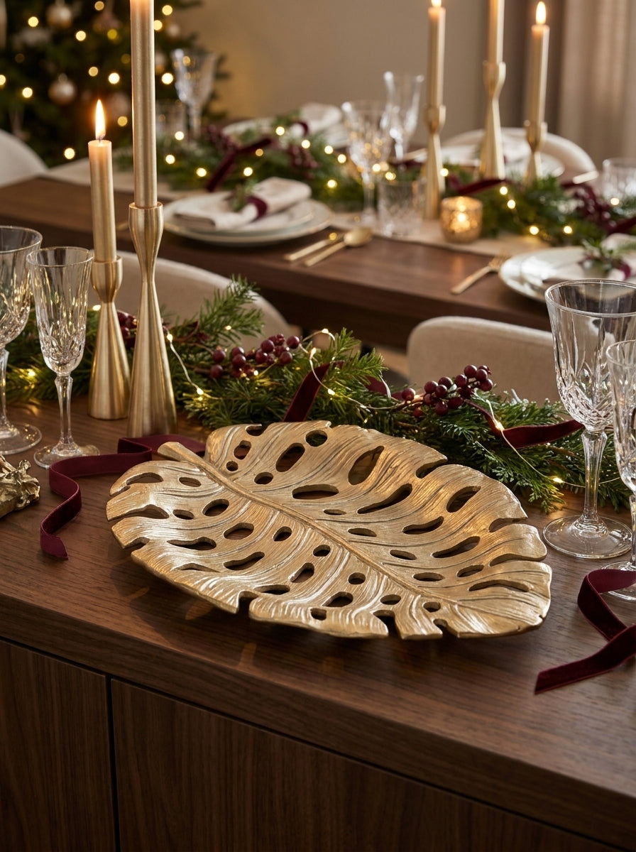Golden Monstera – Gold Yaprak Formlu Dekoratif Tepsi