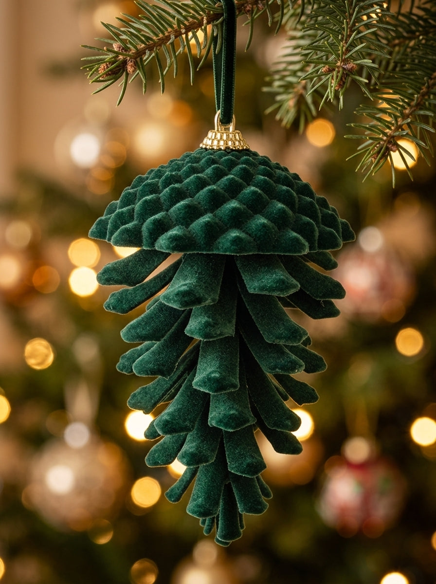 Emerald Forest – Yeşil Kadife Kozalak Yılbaşı Ağacı Süsü - 15 CM