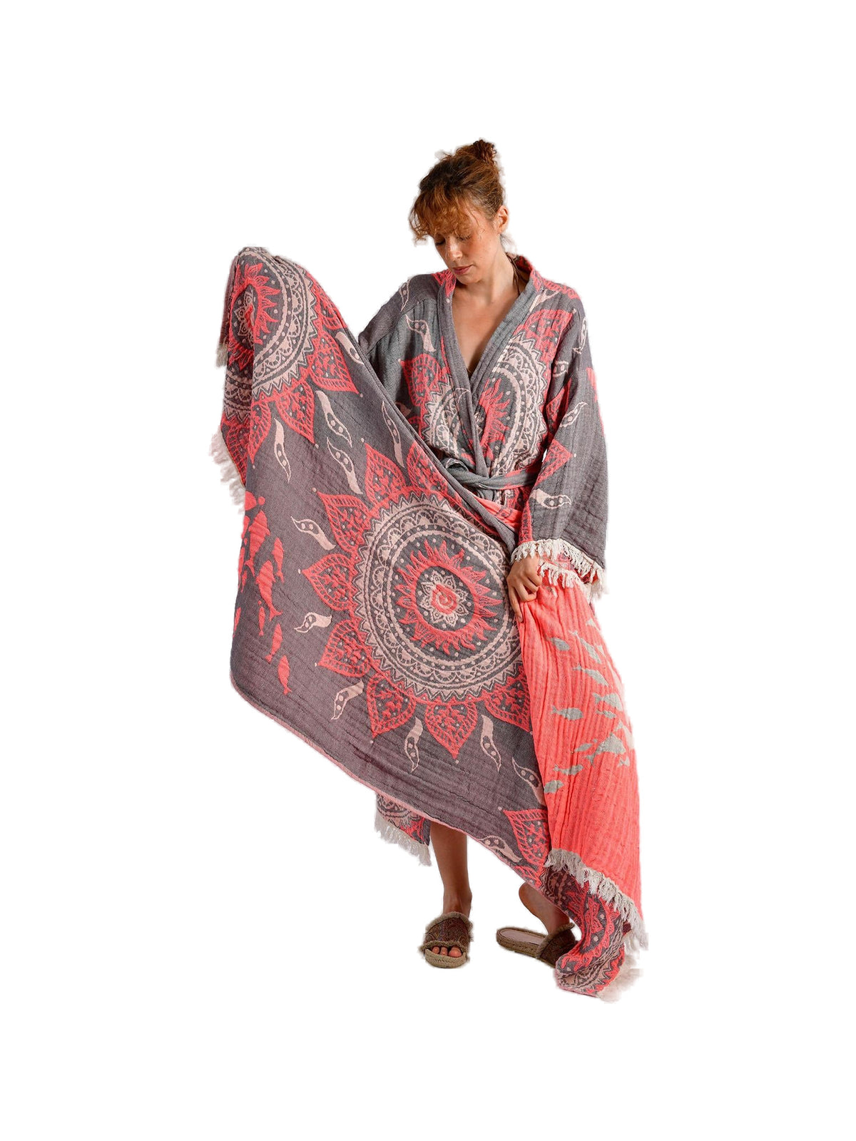 Grey- Orange Mandala Kimono ve Peştemal Takımı