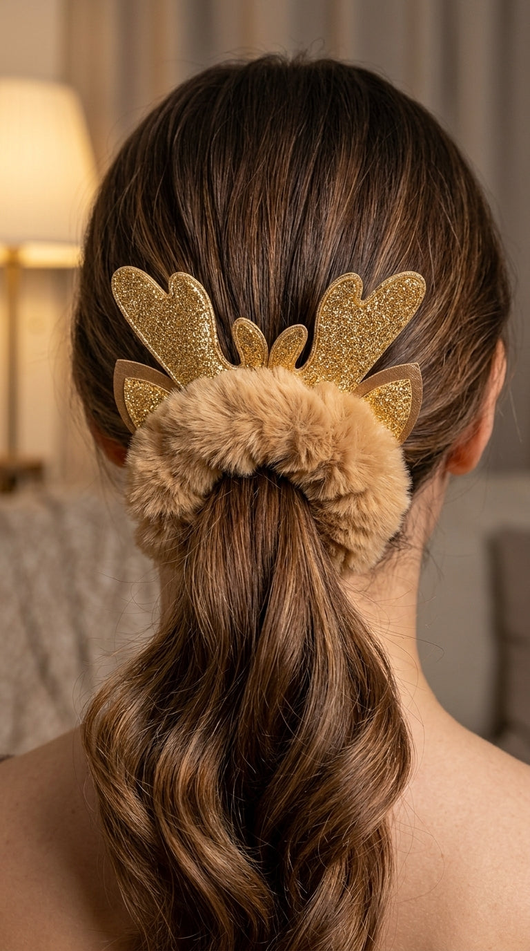 Golden Reindeer Peluş Yılbaşı Saç Tokası