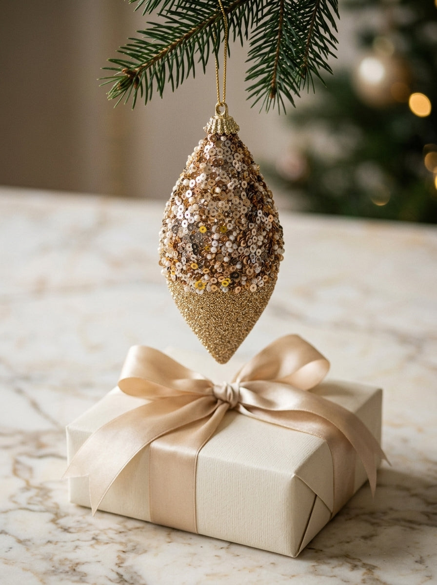 Champagne Étoile Şampanya Altın Payetli Damla Yılbaşı Ağaç Süsü – 13 CM