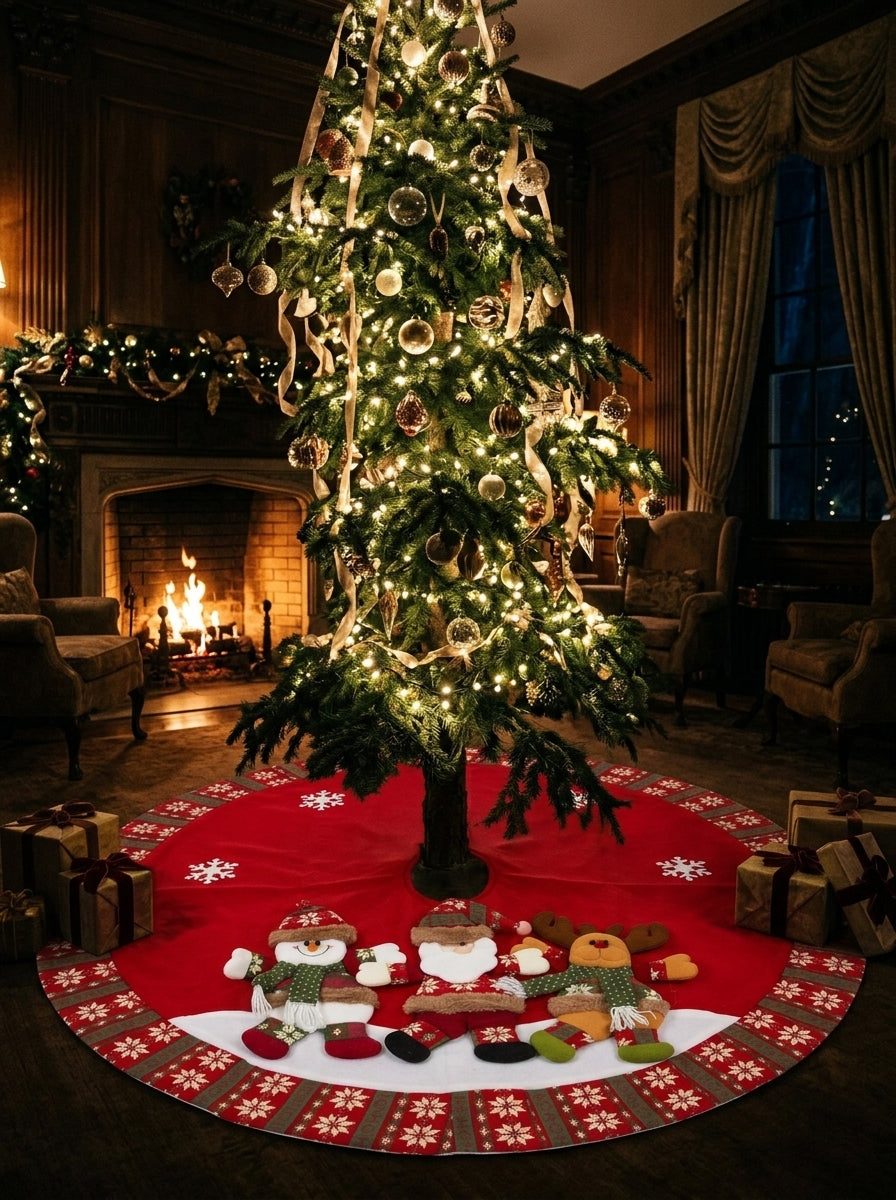 Christmas Story Santa Claus, Snowman and Reindeer Patterned Red Christmas Tree Skirt – 120 CM