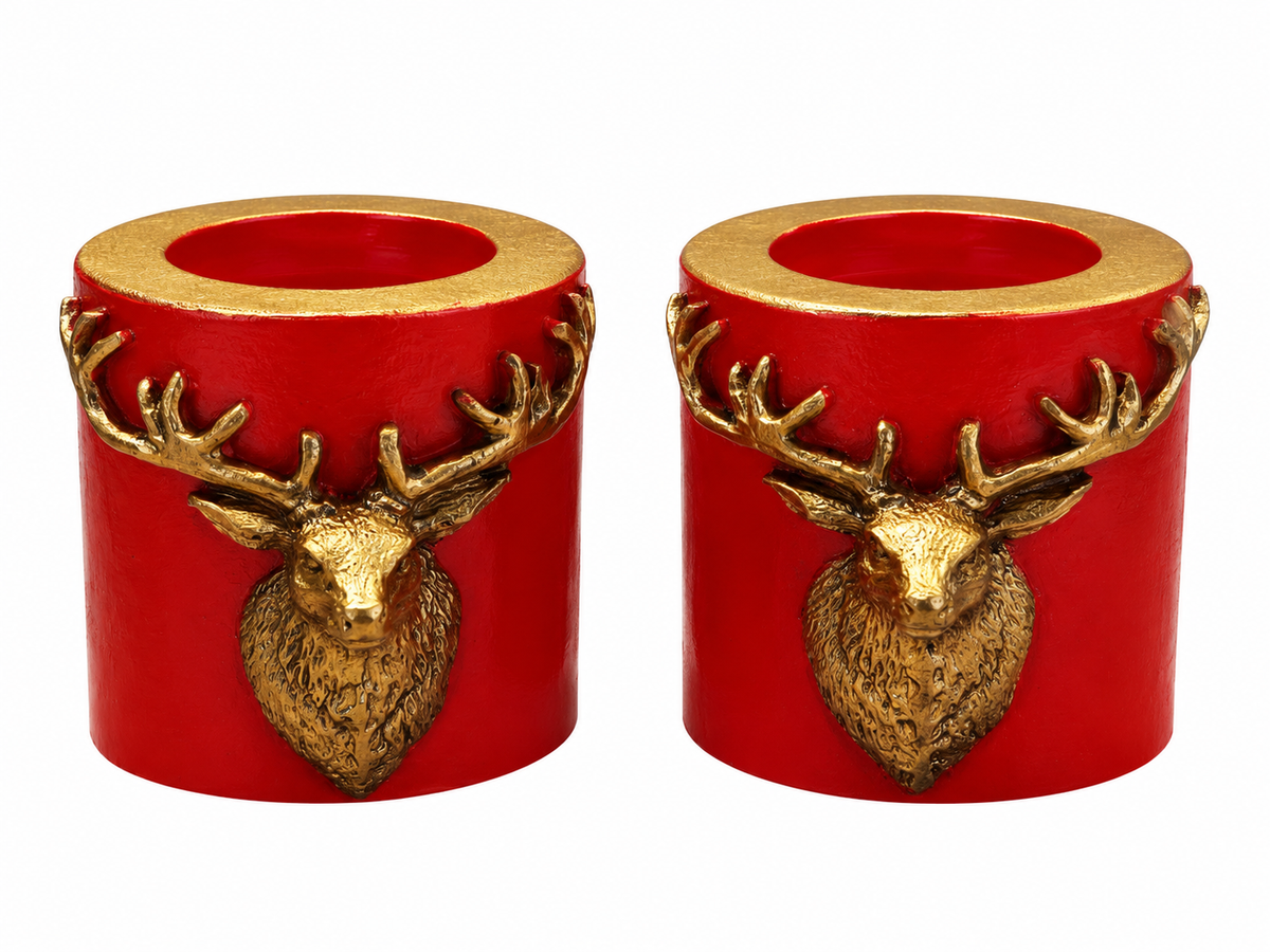 Gold Geyik Detaylı Kırmızı Tealight Mumluk 2’li Set