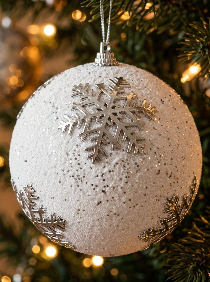 Silver Snowflake Dream – Gümüş Kar Tanesi Desenli Beyaz Yılbaşı Topu