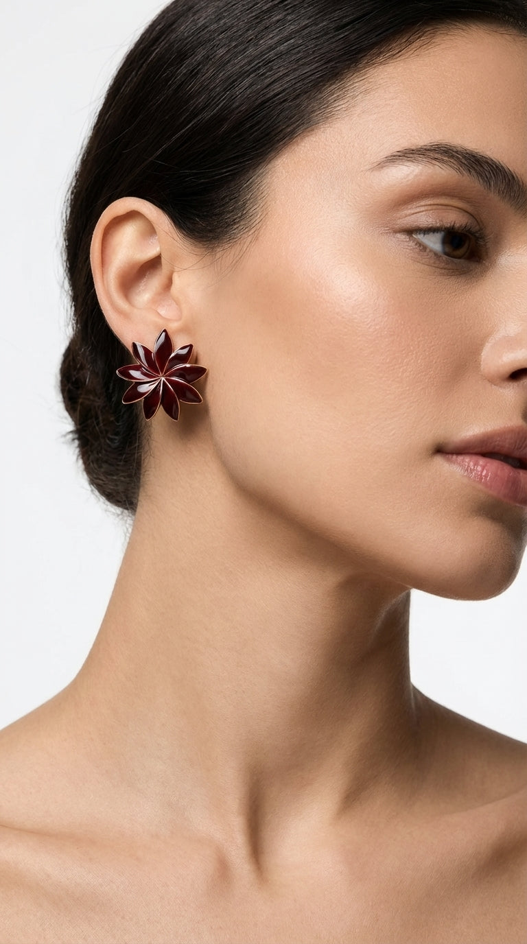 Burgundy Çiçek Küpe