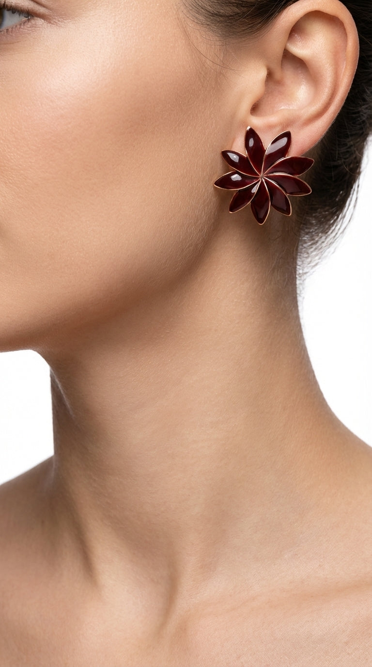 Burgundy Çiçek Küpe