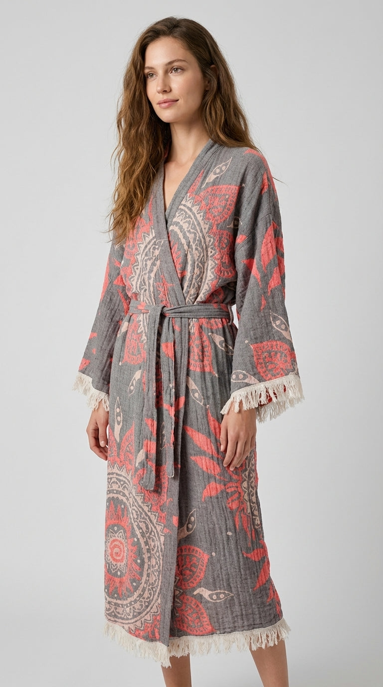 Grey- Orange Mandala Kimono