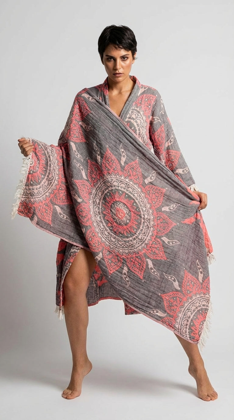 Grey-Orange Mandala Turkish Towel