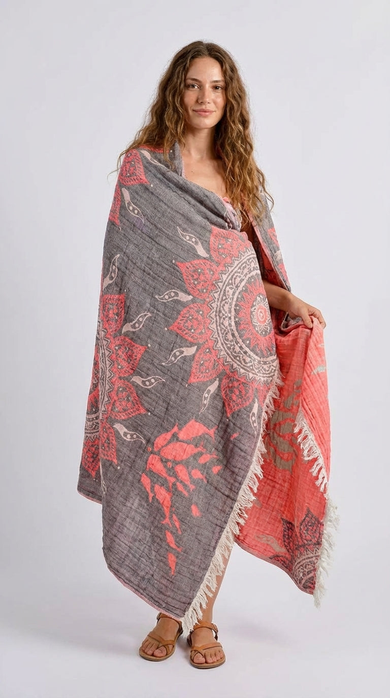 Grey- Orange Mandala Peştamal