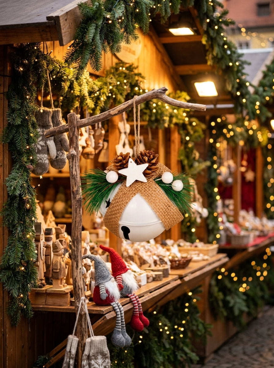 Nordic Christmas Bell – Kozalak ve Yıldız Detaylı Beyaz Yılbaşı Çanı