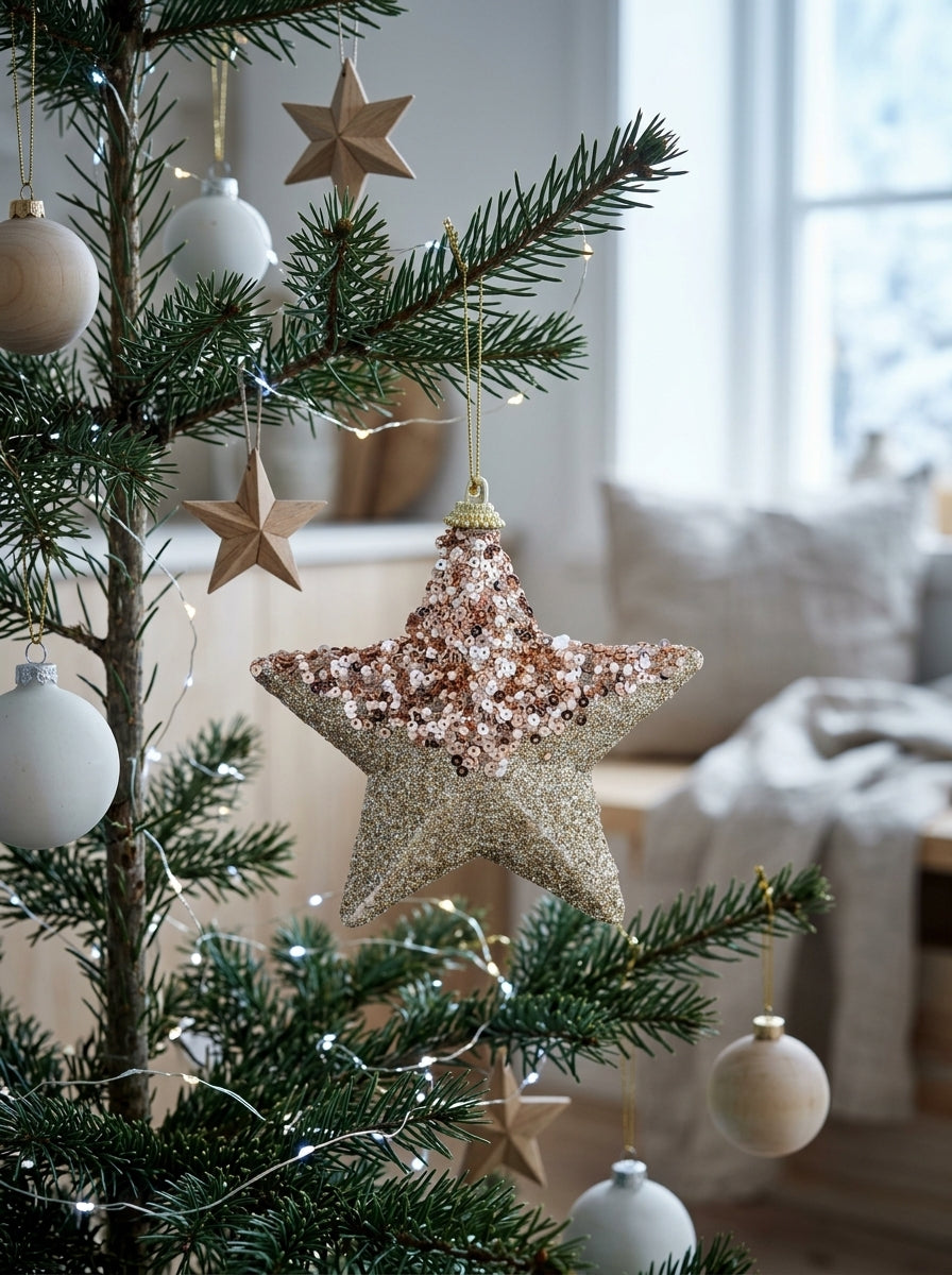 Champagne Glitter Payetli Yıldız Yılbaşı Süsü