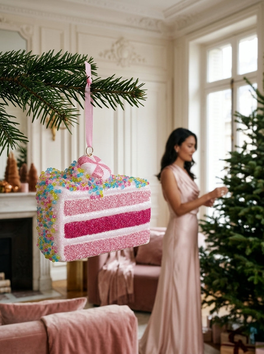 Pink Patisserie – Pembe Işıltılı Pasta Dilimi Yılbaşı Ağacı Süsü - 9 CM