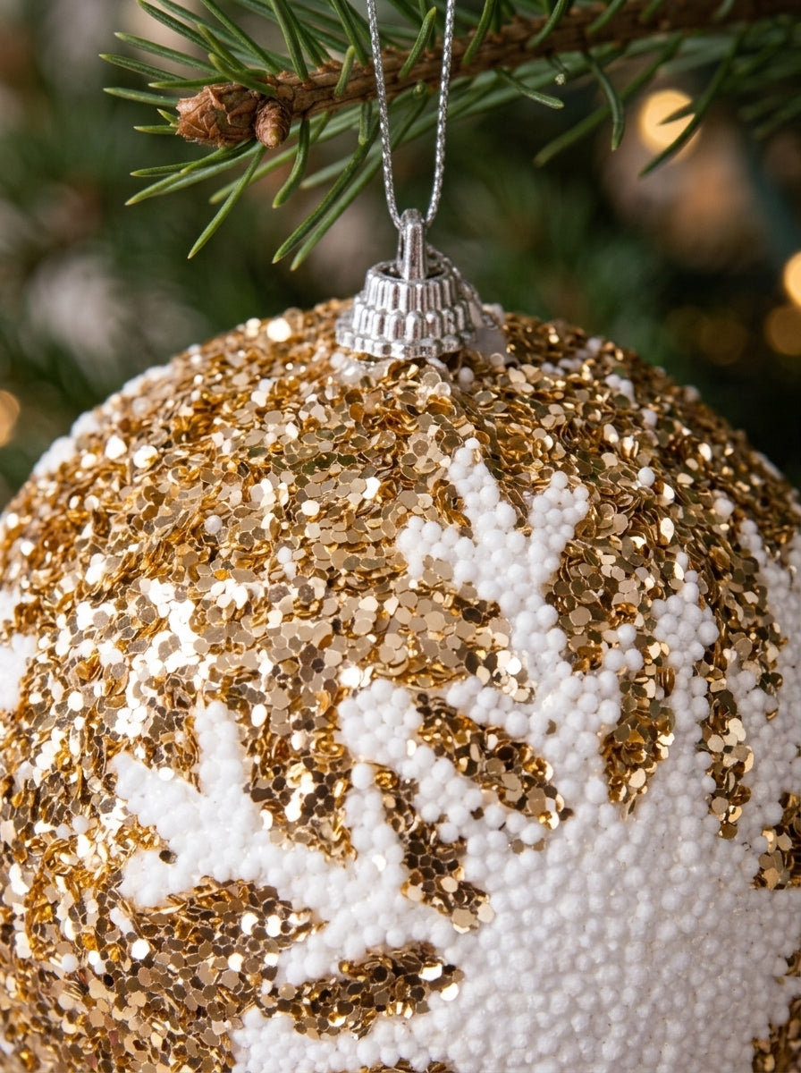 Champagne Snowfall – Beyaz Kar Tanesi Desenli Işıltılı Yılbaşı Topu