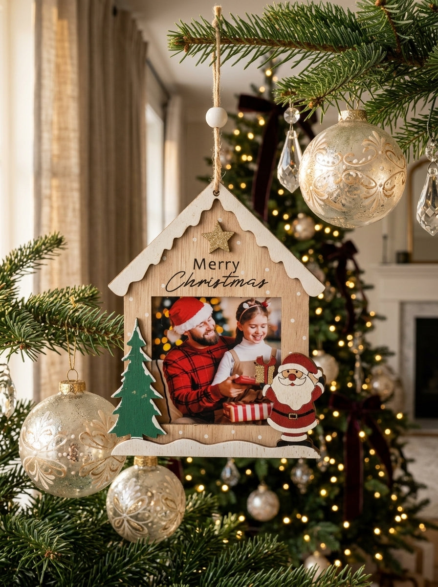 Merry Christmas Ahşap Ev Fotoğraf Çerçevesi Ağaç Süsü