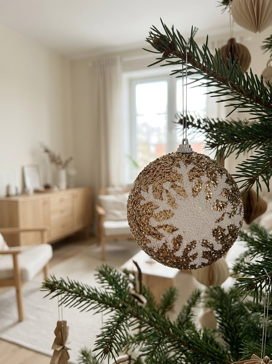 Champagne Snowfall – Beyaz Kar Tanesi Desenli Işıltılı Yılbaşı Topu