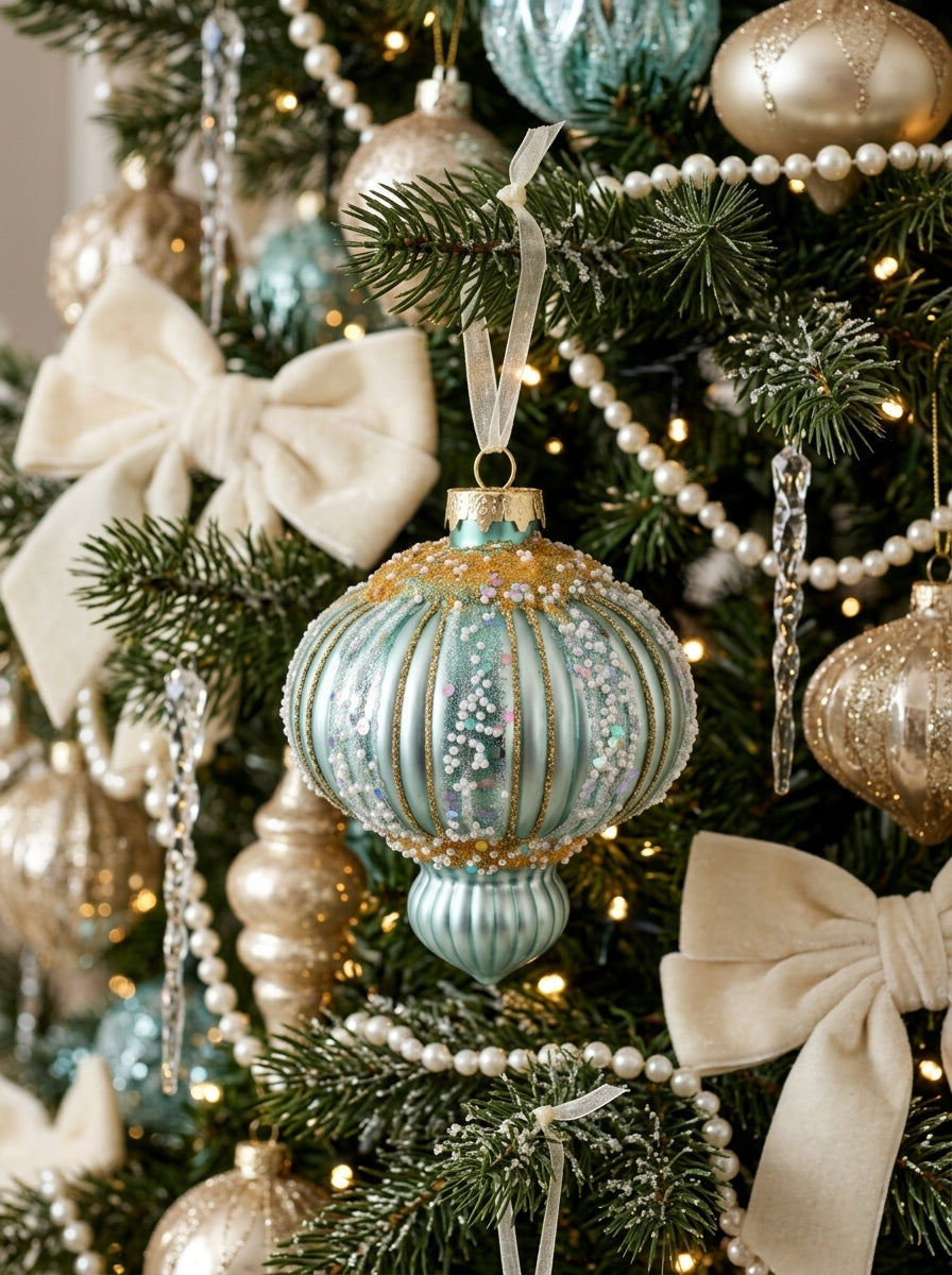 Frosted Aqua Palace – İnci ve Gold İşlemeli Buz Mavisi Cam Yılbaşı Ağacı Süsü - 11 CM