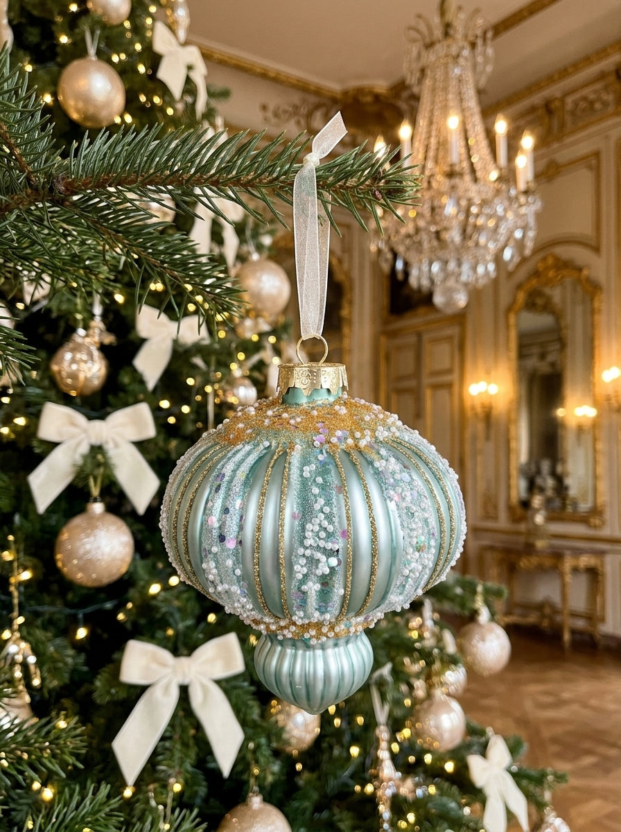 Frosted Aqua Palace – İnci ve Gold İşlemeli Buz Mavisi Cam Yılbaşı Ağacı Süsü - 11 CM