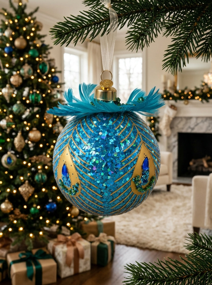 Peacock Royale – Tavus Kuşu Tüylü Gold İşlemeli Cam Yılbaşı Ağacı Topu - 10 CM