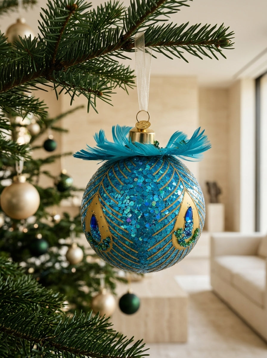 Peacock Royale – Tavus Kuşu Tüylü Gold İşlemeli Cam Yılbaşı Ağacı Topu - 10 CM