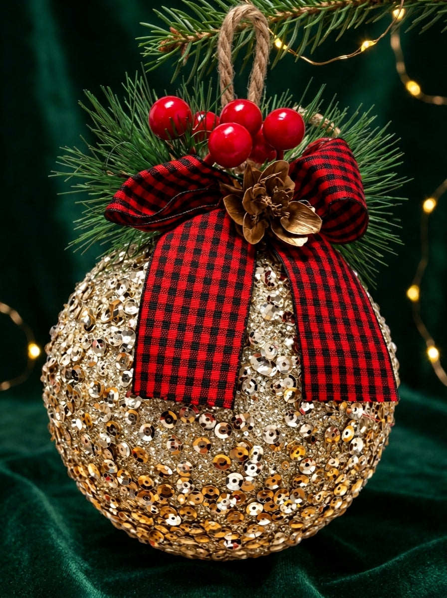Champagne Glitter Tartan Bow – Ekose Fiyonklu Payetli Yılbaşı Topu