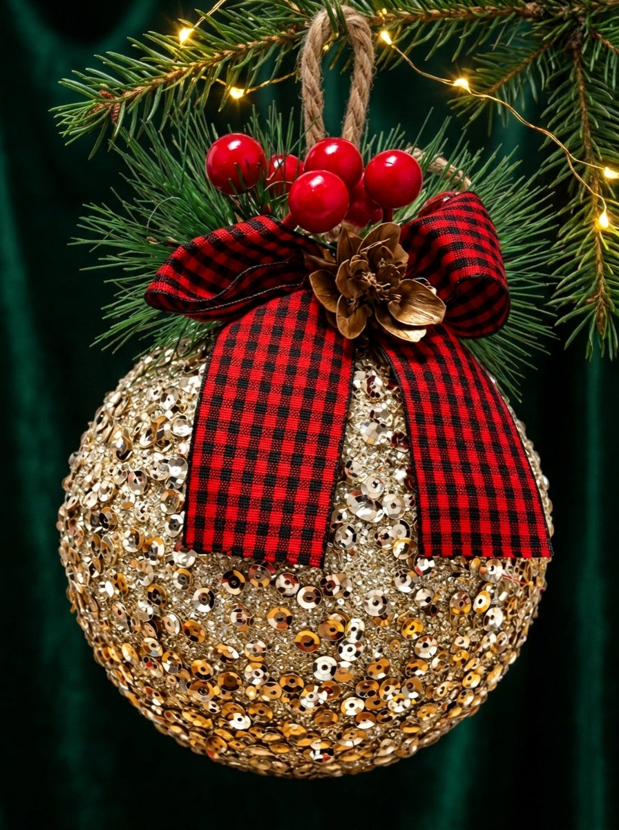 Champagne Glitter Tartan Bow – Ekose Fiyonklu Payetli Yılbaşı Topu