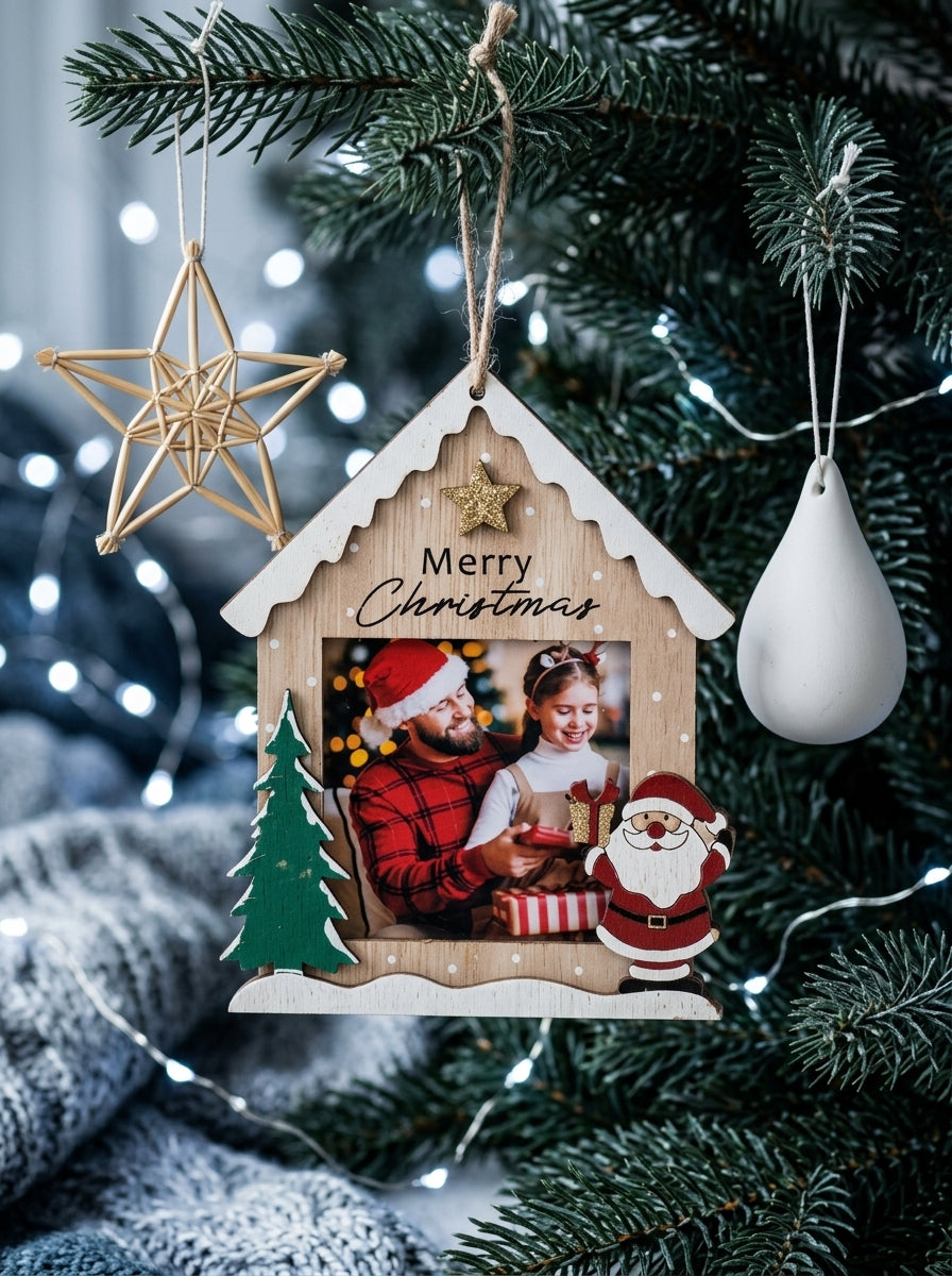 Merry Christmas Ahşap Ev Fotoğraf Çerçevesi Ağaç Süsü