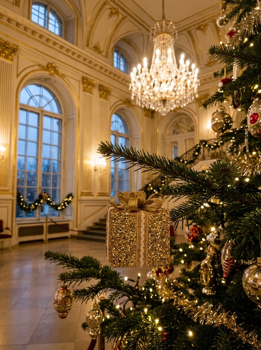 Golden Christmas Gift – Işıltılı Gold Fiyonklu Dekoratif Yılbaşı Hediye Paketi