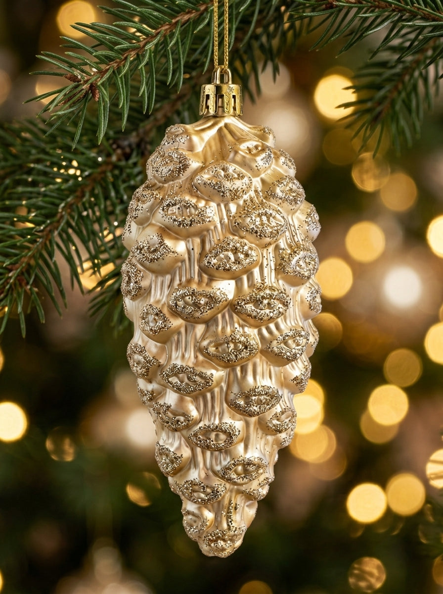 Golden Pine – Şampanya Gold Işıltılı Kozalak Yılbaşı Ağacı Süsü - 13 CM