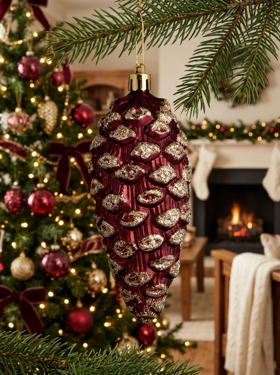Burgundy Pine – Bordo Gold Işıltılı Kozalak Yılbaşı Ağacı Süsü - 13 CM