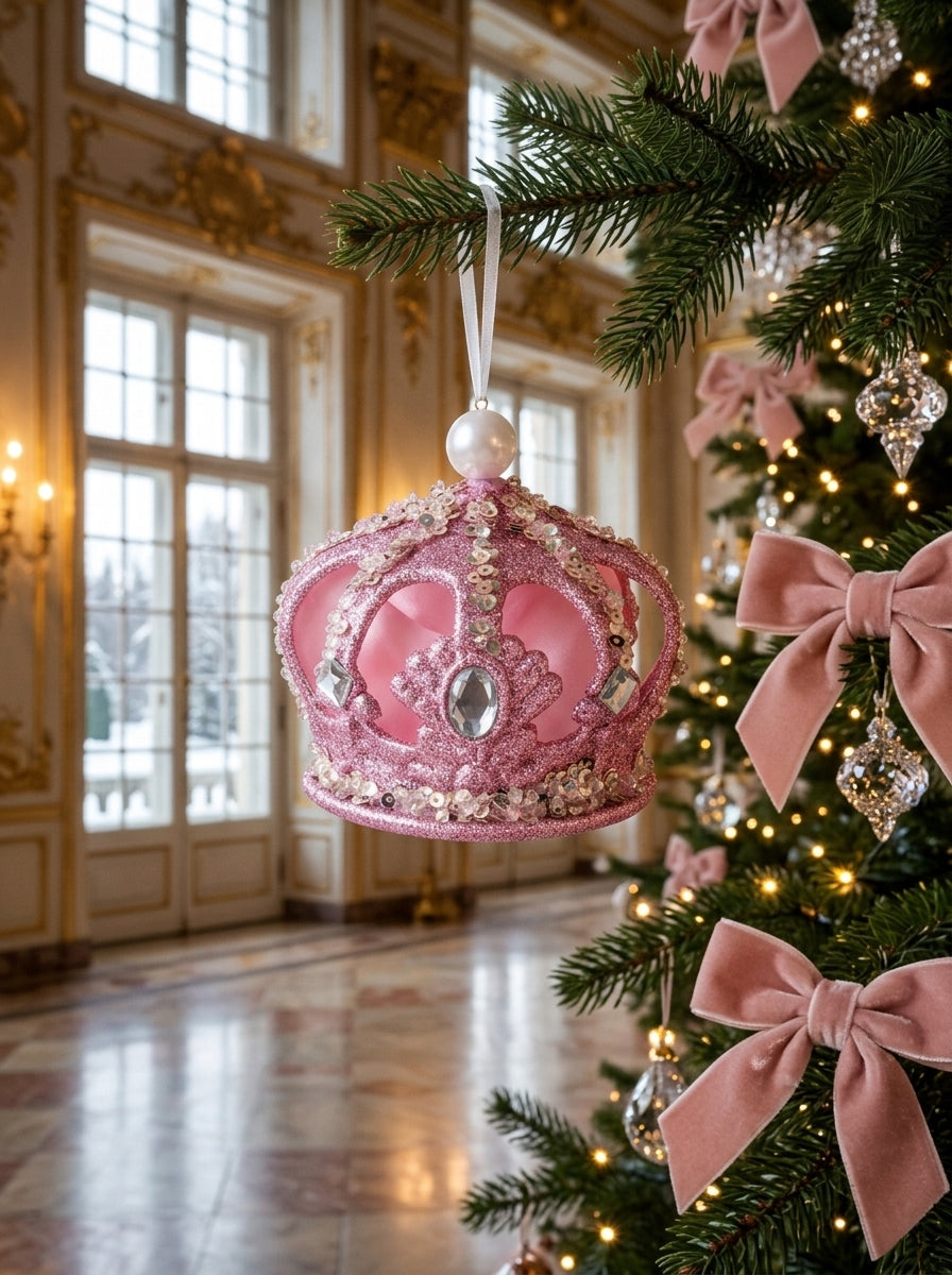 Pink Royal – Kristal Işıltılı Pembe Kraliyet Tacı Yılbaşı Ağacı Süsü - 8 CM