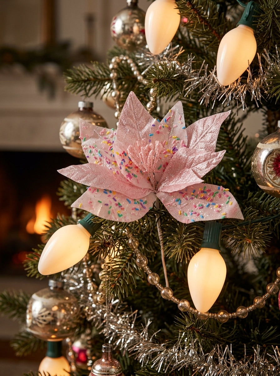 Pink Candy Poinsettia Glitter Yılbaşı Ağacı Süsü