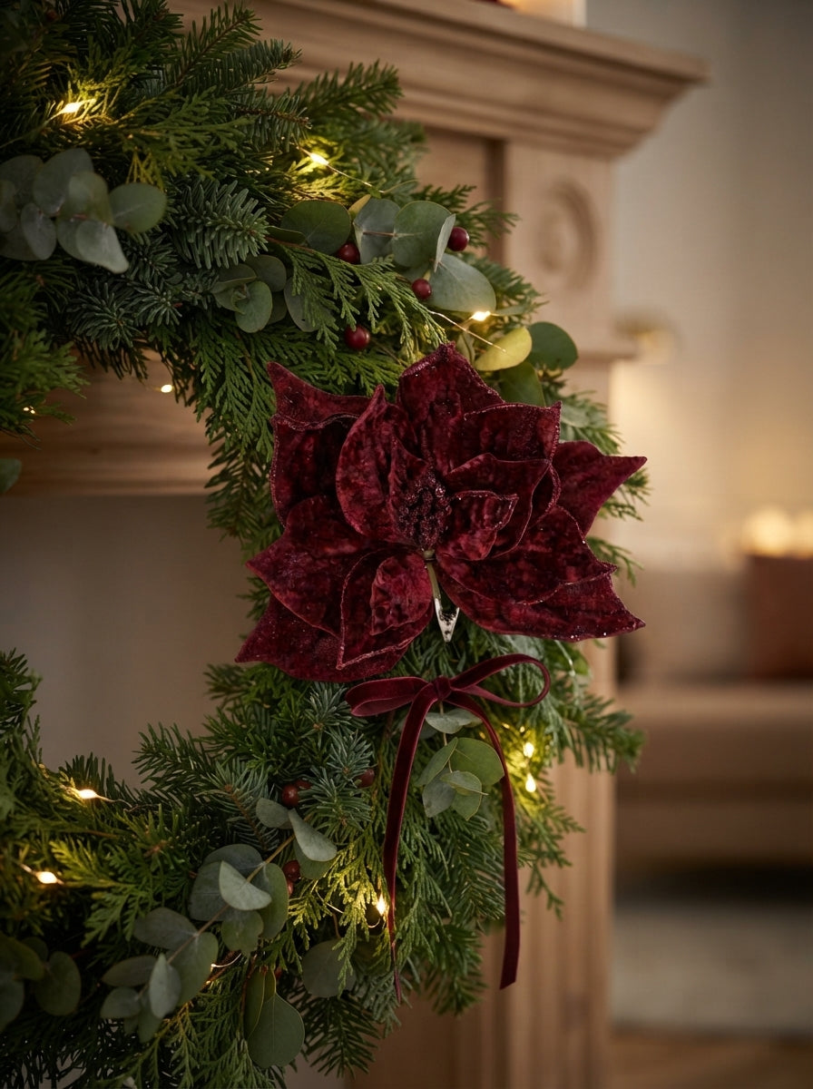 Burgundy Poinsettia Glitter Klipsli Yılbaşı Ağacı Süsü