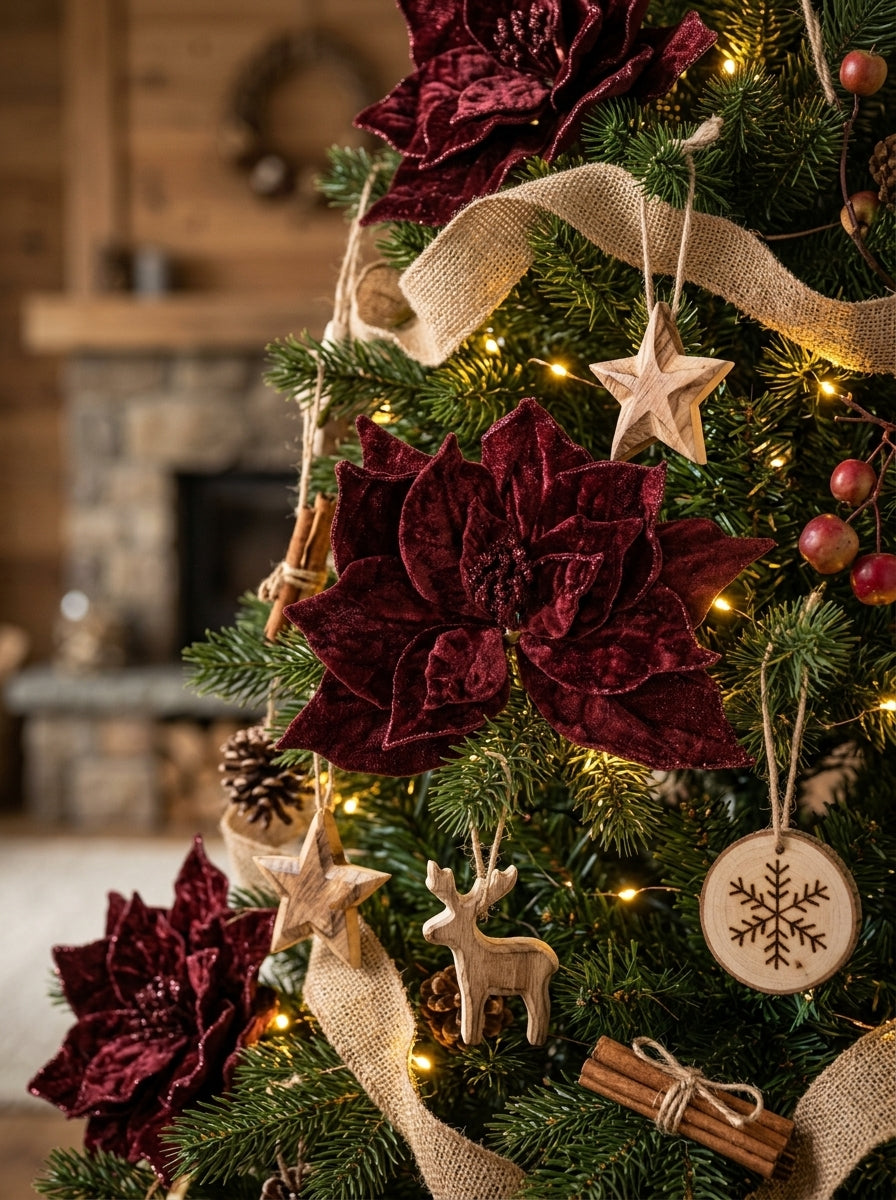 Burgundy Poinsettia Glitter Klipsli Yılbaşı Ağacı Süsü